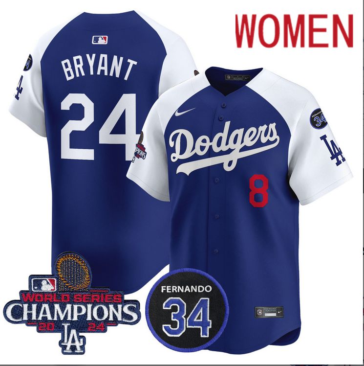 Women MLB Los Angeles Dodgers 24 Bryant blue 2024 World Series Champions Patch Limited Jersey
